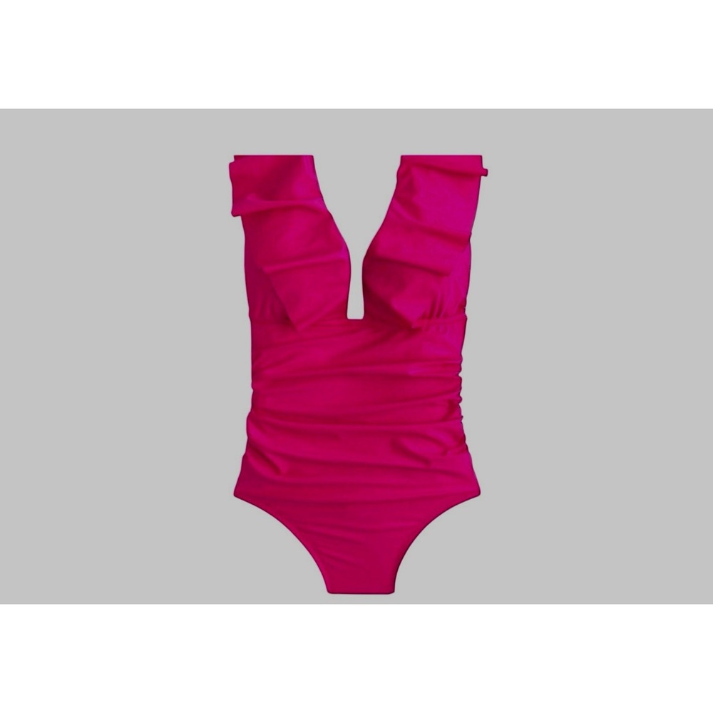 J.Crew‎ Ruched Ruffle V-Neck One-Piece Swimsuit Radiant Fuchsia BP222 Size 0 NEW